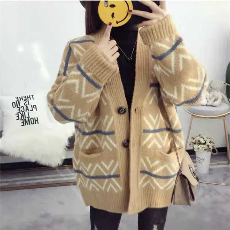 Повседневный осенне-зимний 2019 вязаный женский кардиган большого размера