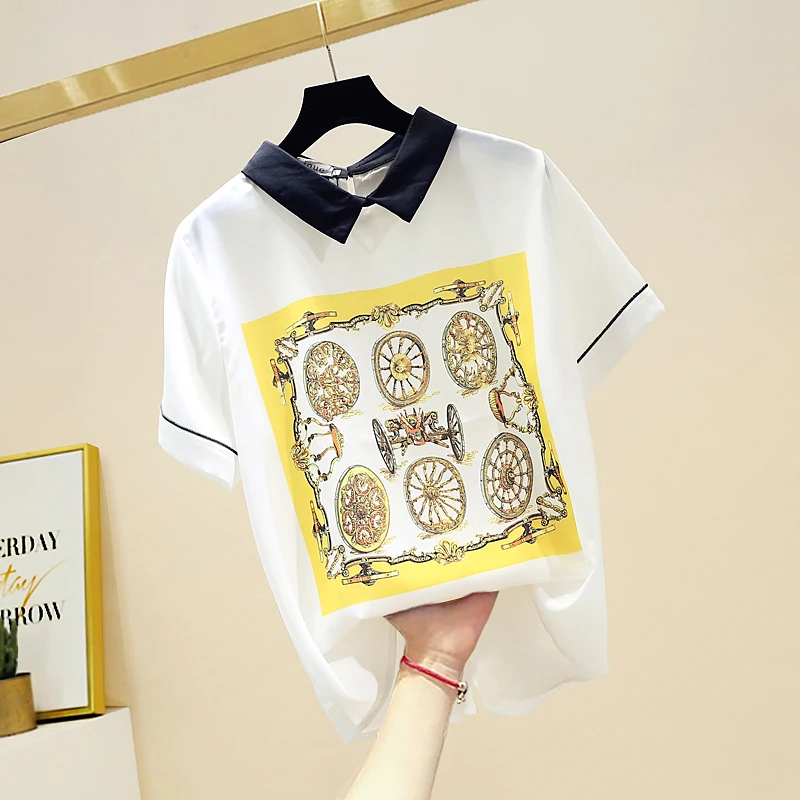 

2021 Summer New Arrival Cartoon Print Chiffon Blouse Short Sleeve Shirt Fashion Tops