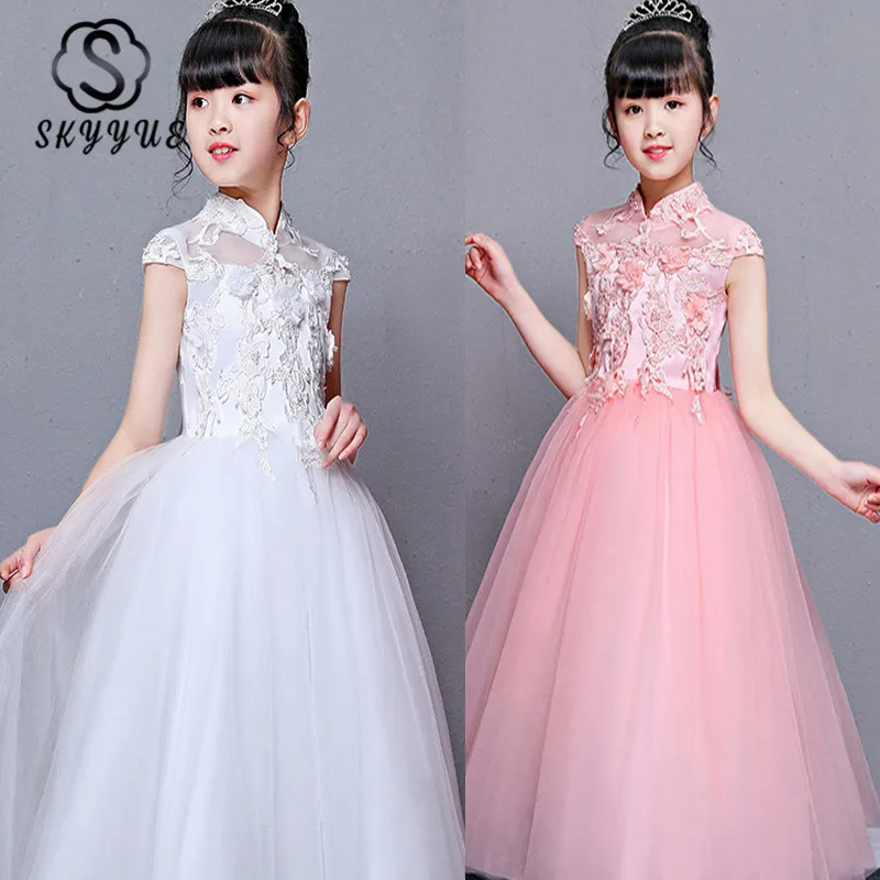 Skyyue Цветочное платье для девочек на свадьбу китайский воротник вышитый тюль