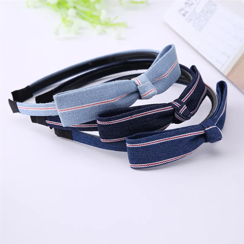 Женская повязка на голову с бантом в белый горошек эластичная синяя джинсовая