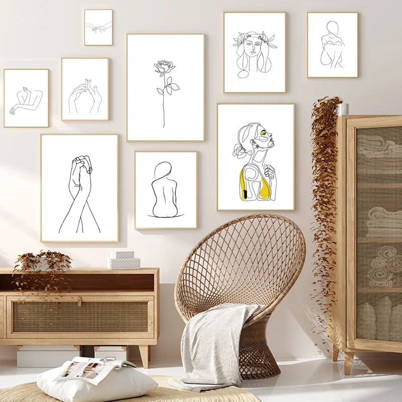 

Nordic Poster&Prints Modern Canvas Painting Wall Art Abstract Women Line Drawing Yellow Girl Wall Picture Bedroom Home Decor