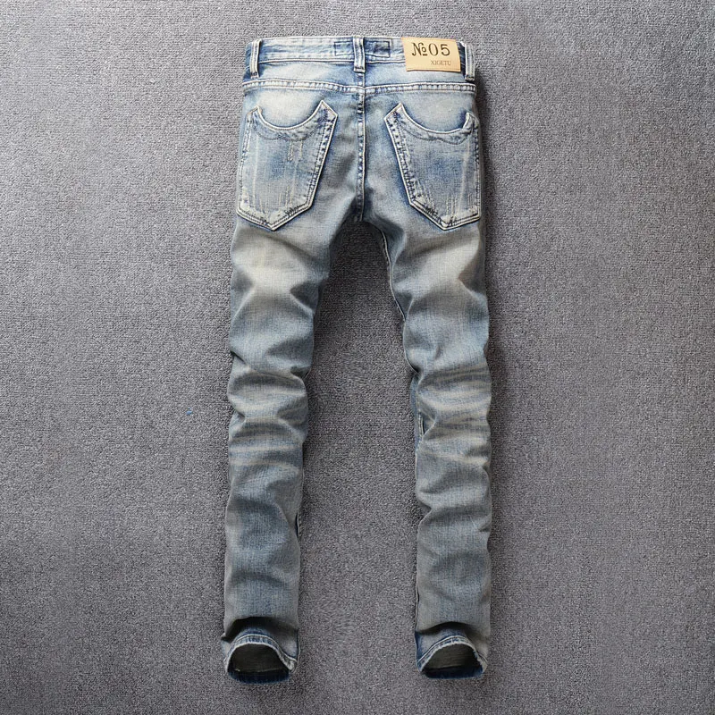 European Street Fashion Men Jeans Retro Blue Vintage Slim Fit Ripped Jeans Men Patch Embroidery Designer Casual Denim Punk Pants