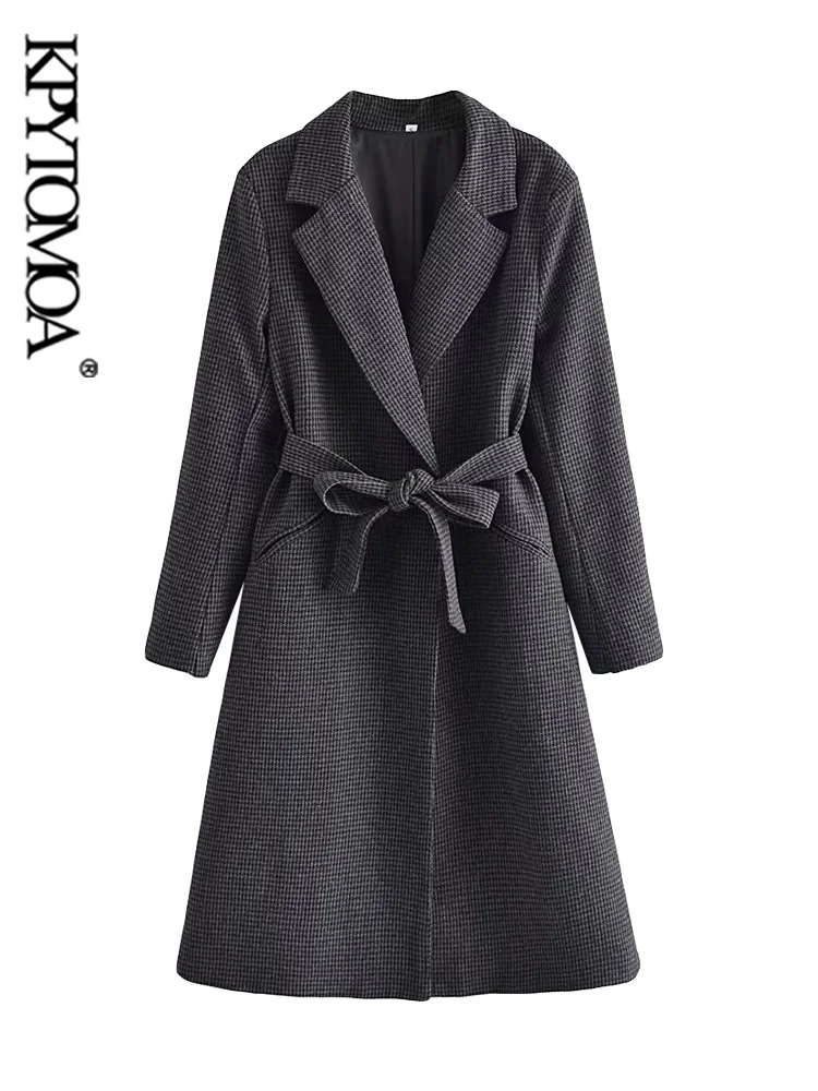 

KPYTOMOA Women Fashion With Belt Check Woolen Coat Vintage Long Sleeve Pockets Female Outerwear Chic Overcoat