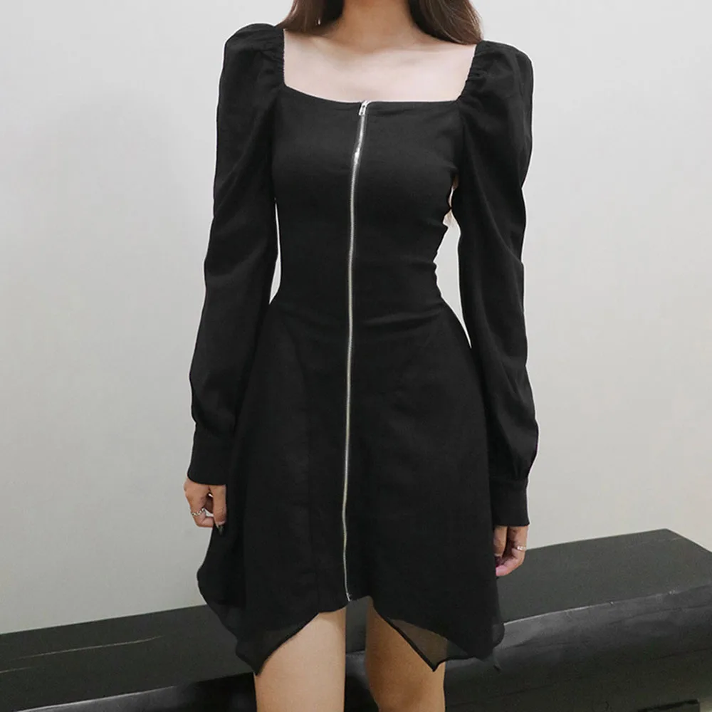 

Autumn New 2021 Casual Womens Dress Solid Color Zipper Casual Square Collar Puff Sleeve Slim Hollow Out Sexy Net Yarn Dress