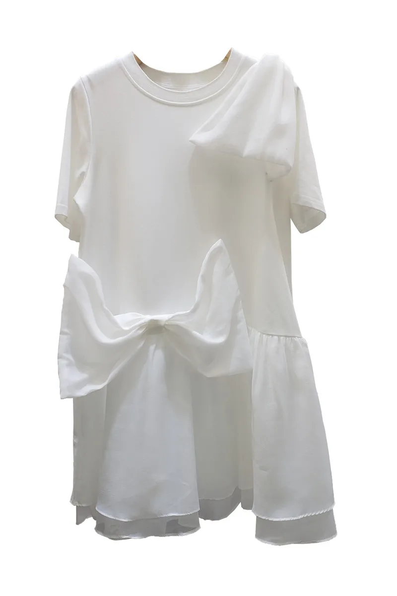 

SuperAen Mesh Patchwork Bow 2021 Summer New Fashion O-Neck A-LINE Casual Solid Dress for Women