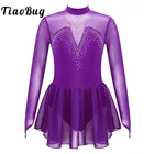 Платье для фигурного катания, Детская сетчатая одежда с длинными рукавами, блестящая стразы, Тюлевая одежда для соревнований и танцев