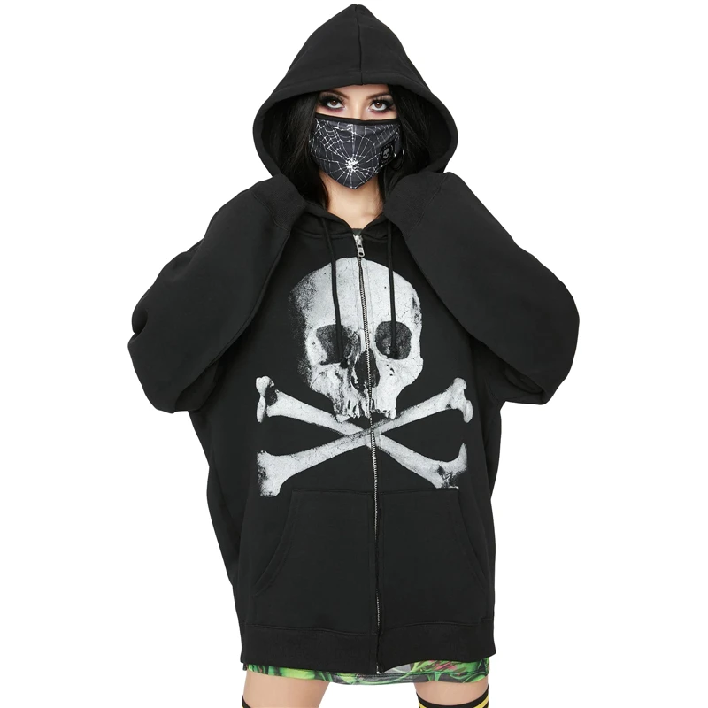 

Hirigin High Street Skull Print For Women Jacket Korean Loose Ladies Hoodie Harajuku Vintage Zipper Sweatshirt Female Clothes