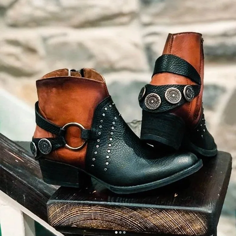 Кожаные женские ботинки Винтажные богемные ботильоны Женская обувь на молнии