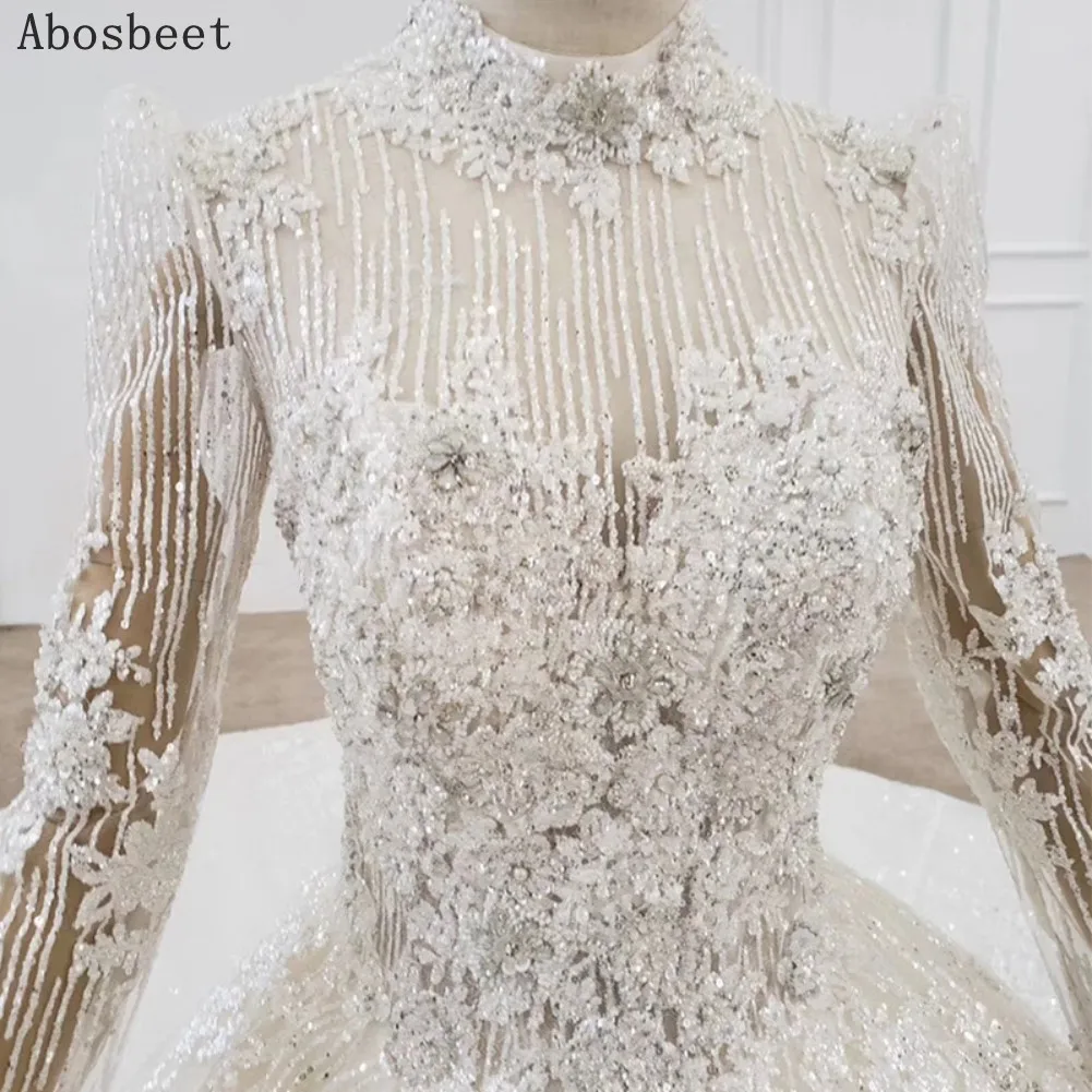 Luxury Fancy Beads Shining Ball Gown Wedding Dress 2021 New Long Sleeve Wedding Gown Elegant High Collar Cathedral Train 200CM