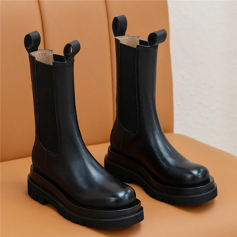 

Brand Designed Fashion Women Boots Autumn Genuine Leather Shoes Sew Platform Boots Chelsea Ankle Boots Chunky Short Botas Mujer