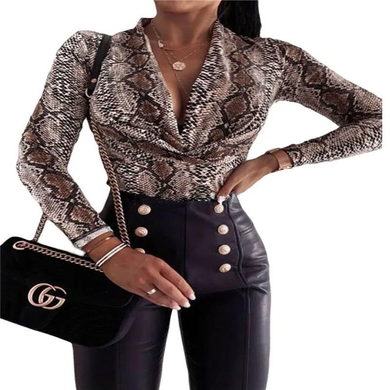 

Women Leopard Print Bodysuits Playsuit Sexy Snakeskin V Neck Long Sleeves Slim Jumpsuits Office Lady Casual Fashion Top Rompers