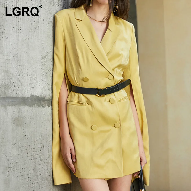 

Женское двубортное платье-футляр [LGRQ], черное свободное платье-футляр с отложным воротником и длинным рукавом, весна-осень 2021