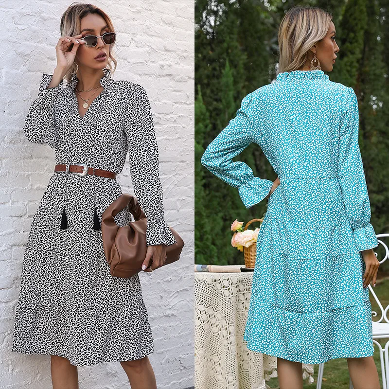 

Women 2021 New Print Dress Casual Tassel Lace Up Collar Full Sleeve Summer Dress Ladies Slim Leopard Long Dresses LC6443