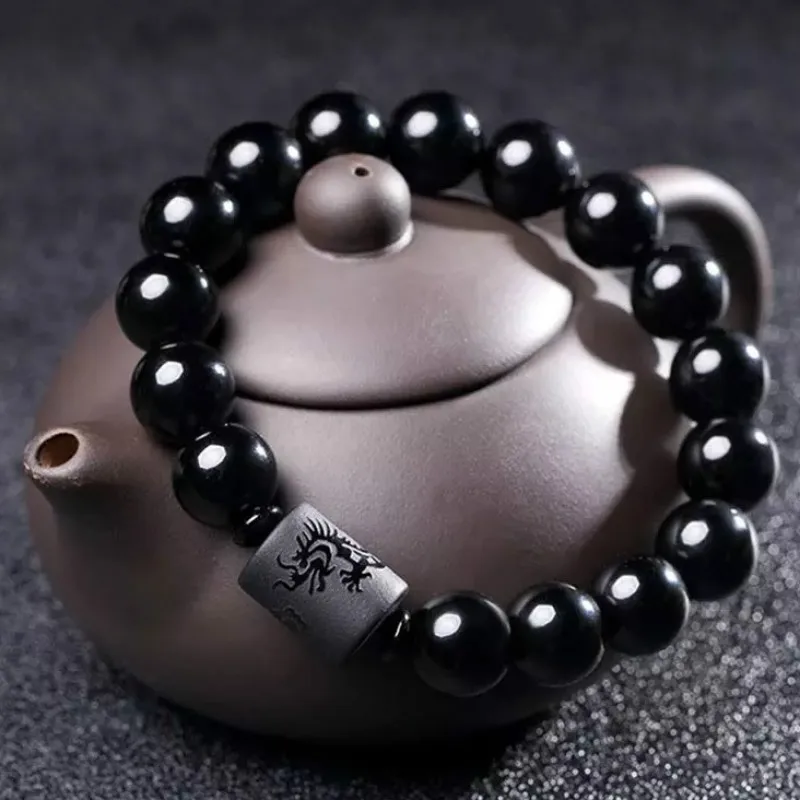 

Natural black obsidian beads bracelets carving dragon and phoenix lucky beads bracelet totem crystal bracelet for lovers