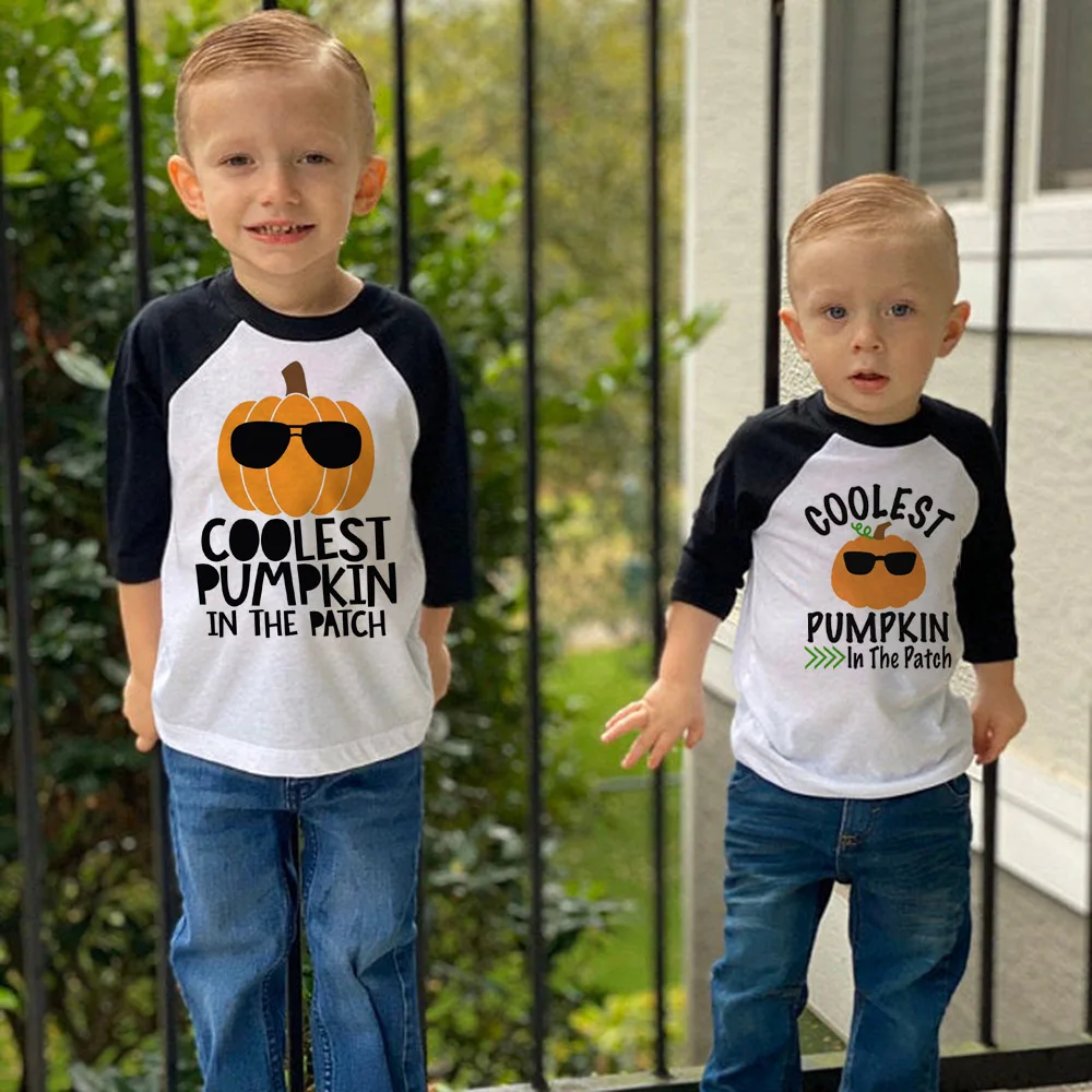 Camiseta con parche de calabaza para ni&ntilde;os y ni&ntilde;as, camisa de Halloween con parche de calabaza, Tops de oto&ntilde;o-0