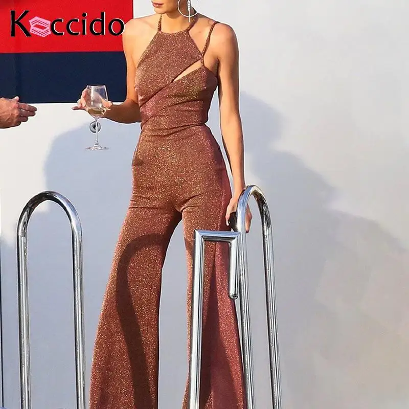 Сексуальный комбинезон с лямкой на шее без спинки люрексом для женщин рукавов