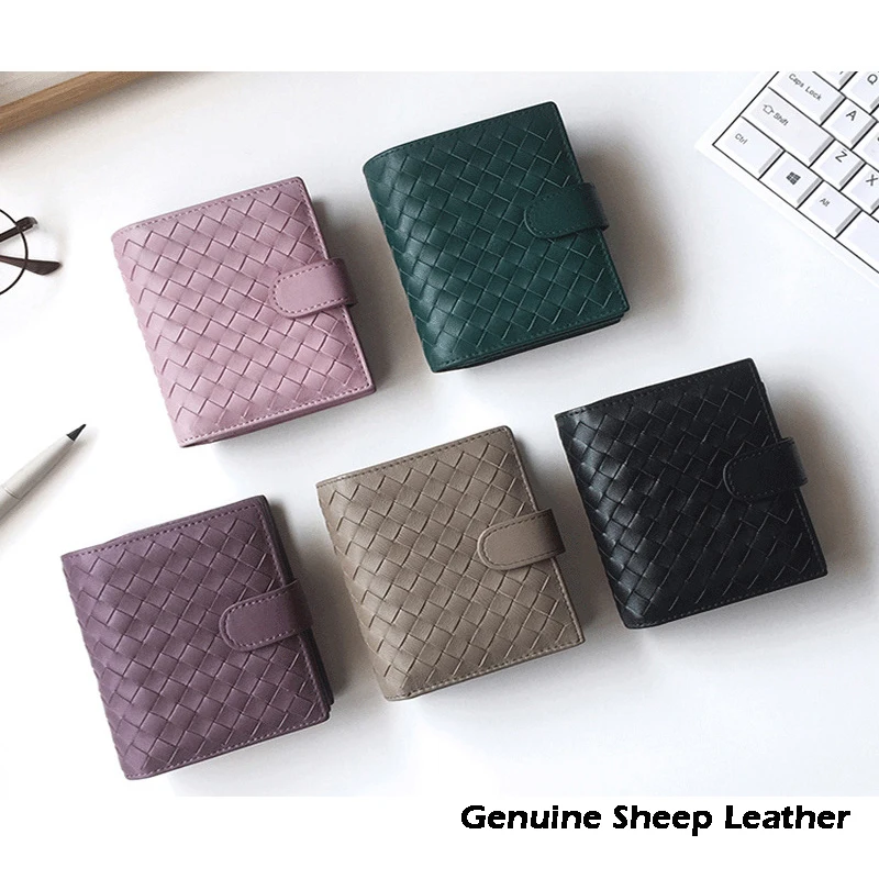 

100% Genuine Sheep Leather wallet Luxury Brand sheepkin Leather Woven Coin Zipper Storage Bag Multi card bil fold wallet purse