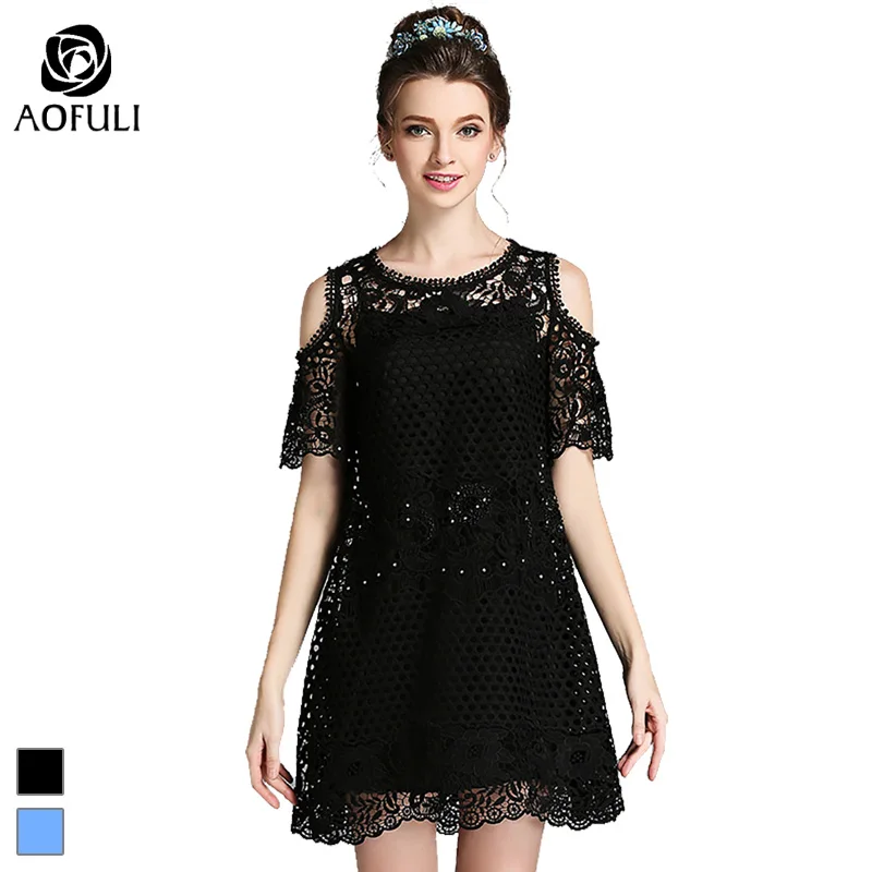 Size-S Diamond Beads Women Sexy Lace Dresses Summer Hollow Out Short Sleeve Mini For Party/Birthday B2237 | Женская одежда