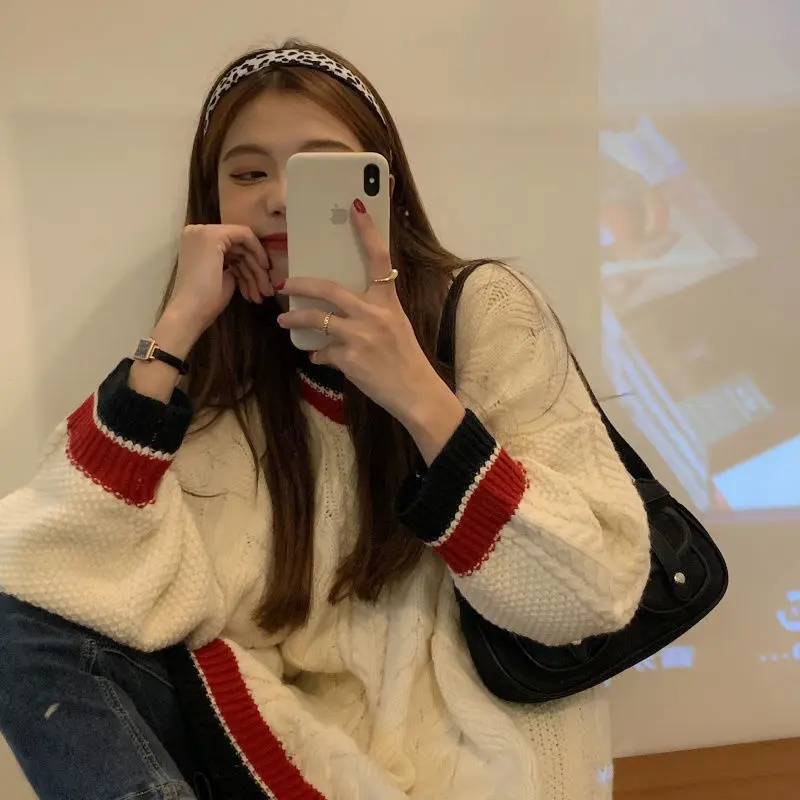 

Women Pullover V-neck Paneled Sweater Preppy Student Loose Leisure Twist Jumpers High Quality Elegant Knitted Clothes Female Ins