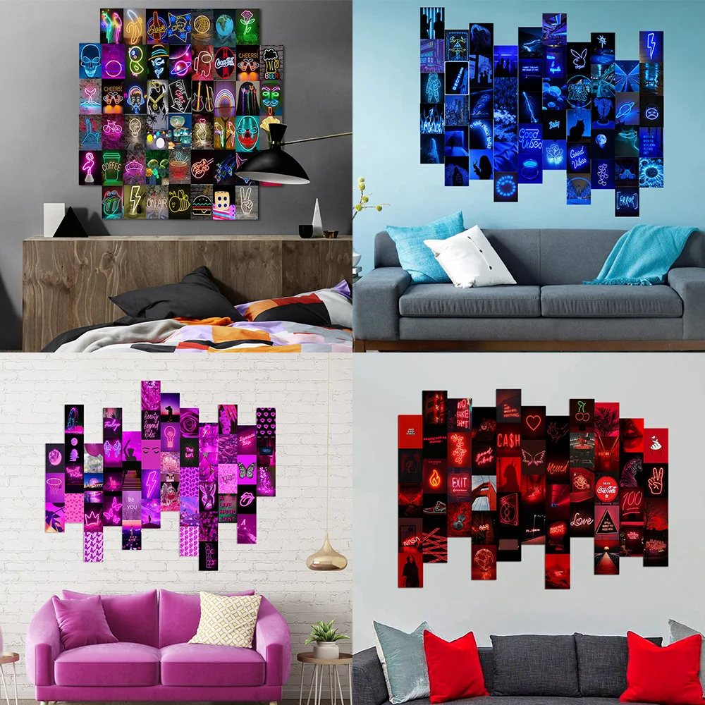 

50Pcs Various Color Neon Series Pictures for Wall Collage Kit Character Pattern Animal Postercard Wall Sticker Set of Home Decor