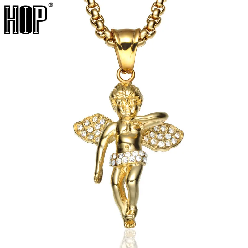 

HIP Hop Gold Color Stainless Steel Bling Iced Out Rope Chain Angel Pendants & Necklaces for Men Jewelry