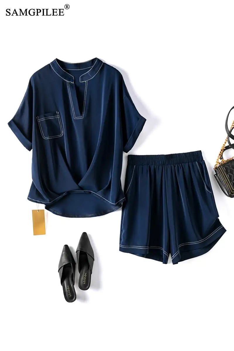 

Summer Clothes For Women 2021 New Fashion Short Sleeve Casual Pullover V-neck Elastic Waist Solid Two Piece Sets Woman Plus Size