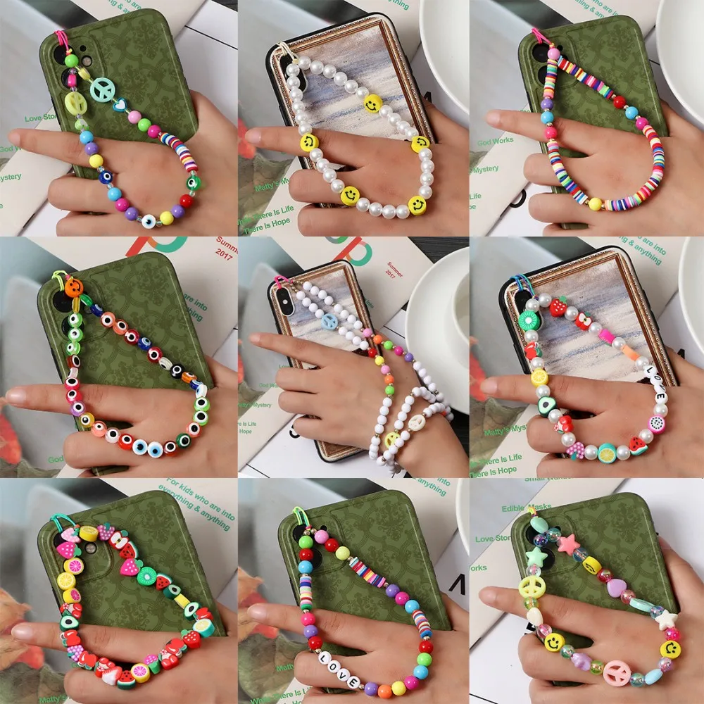 

2021 New Ins Trendy Colorful Smiling Beads Chain Mobile Phone Chain Anti-lost Handmade Acrylic Cord Lanyard for Women Girl's