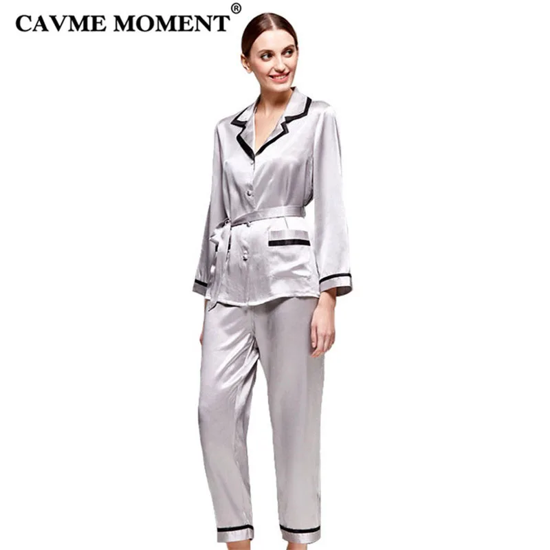 

CAVME Роскошные 100% шелковые пижамные комплекты для женщин с длинным рукавом Брюки воротник сплошной цвет Элегантные homellohtes 2 шт для 135G