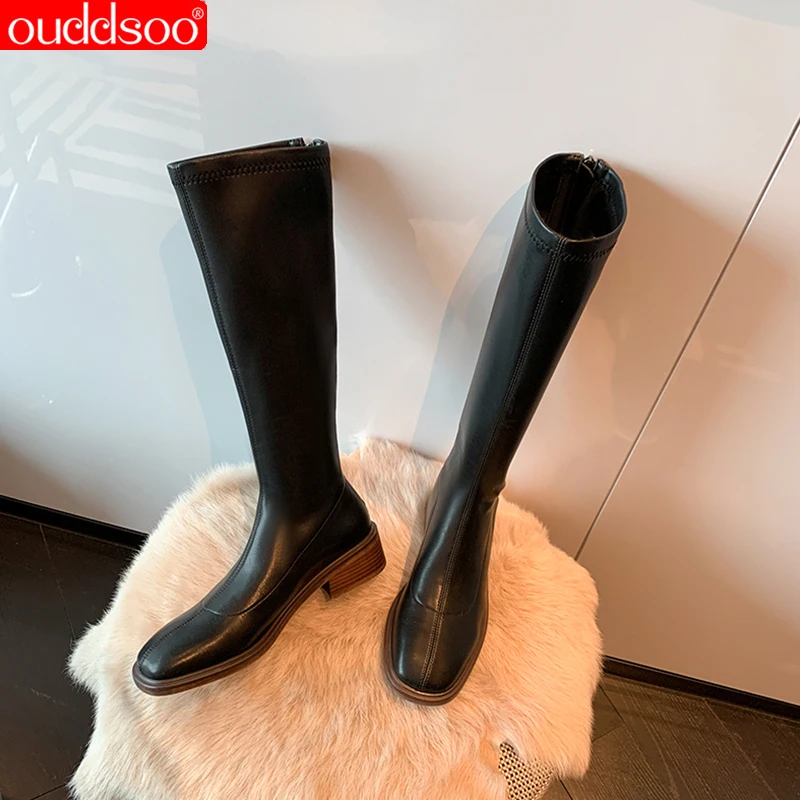 Купи ODS Sexy Women Pointed Toe Genuine Leather Knee High Boots Autumn Winter Long Boots Side Zipper Black White Large Size 43 за 3,102 рублей в магазине AliExpress