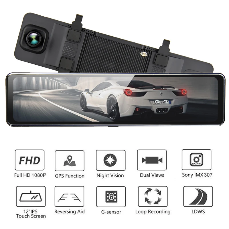 

Bluavido Car DVR 12" RearView Mirror Camera Front 1080P + Rear 1080P Night Vision GPS Tracker Dash cam Auto Registrar Dashcam