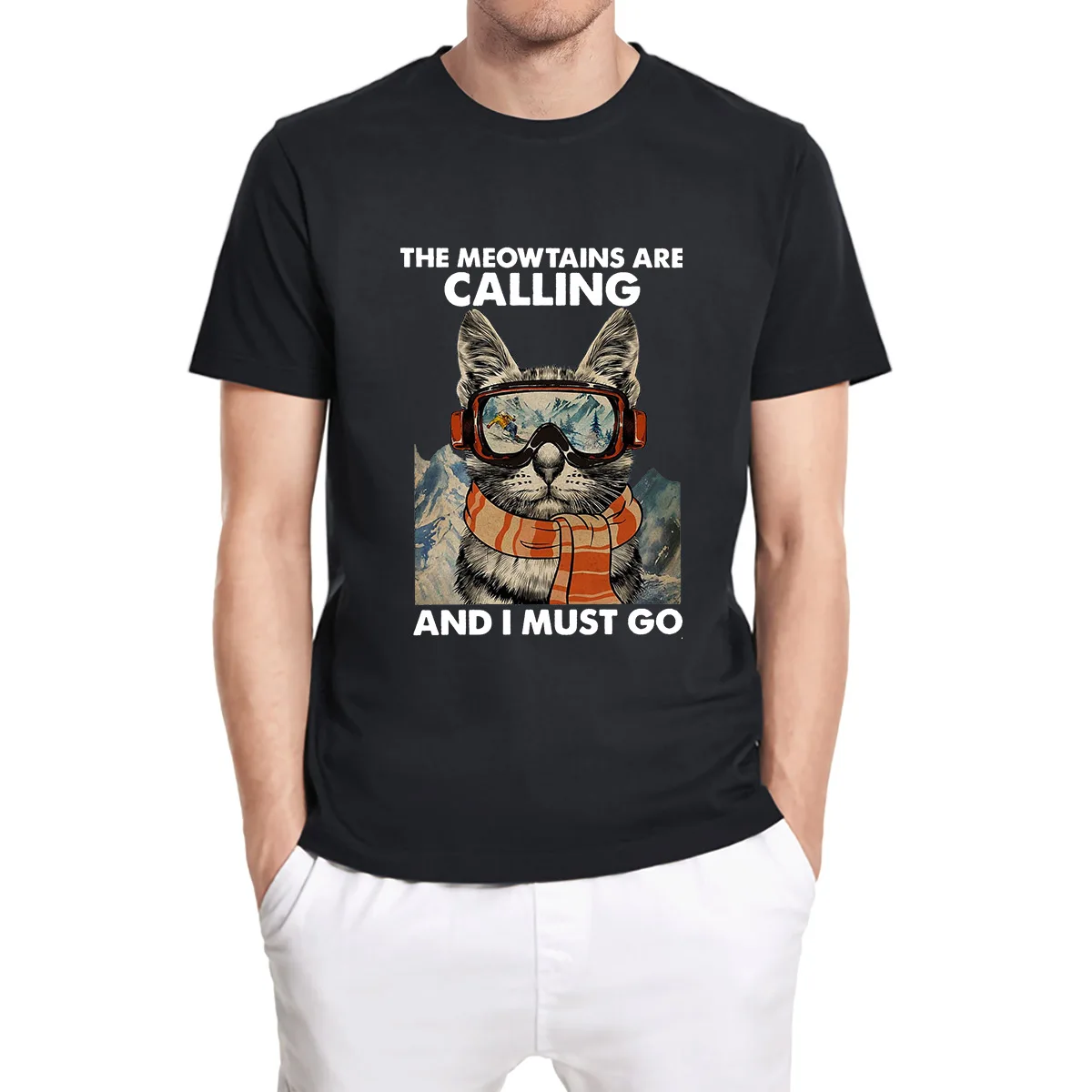 

Ski Skier Skiing Cat Lovers The Meowtains Are Calling And I Must Go Vintage Men's Shirt Short Sleeve Funny Unisex Cotton T-Shirt