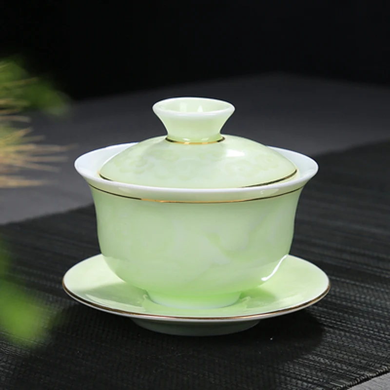 

Chinese Gaiwan Tea Set Kungfu Anti-scald Ceramic Tea Cover Bowl with Lid and Saucer Relief Landscape Birds Tea Cup Teaware