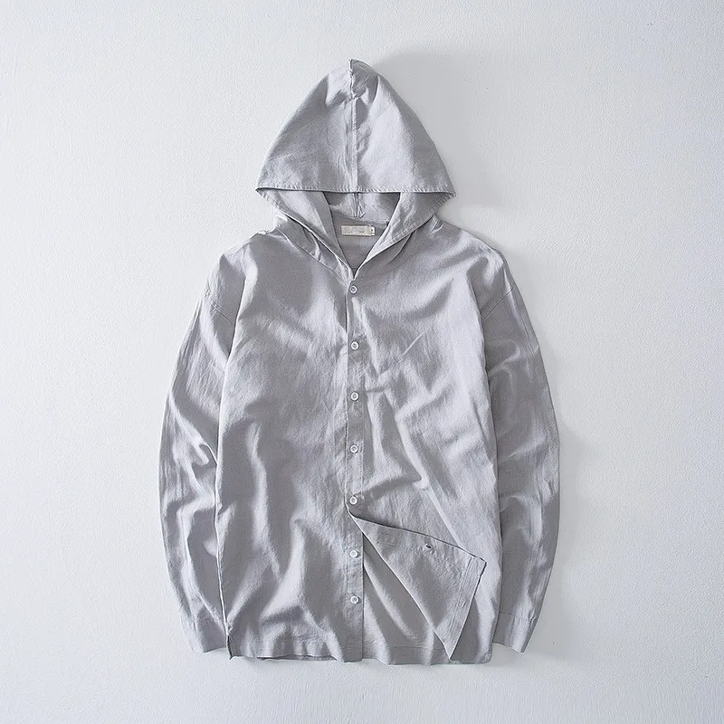 

Mens Linen Long Sleeve Shirt Collarless Hooded Cardigan Harajuku Loose Fit Solid Simple Tops Male Autumn Button Casual Shirts