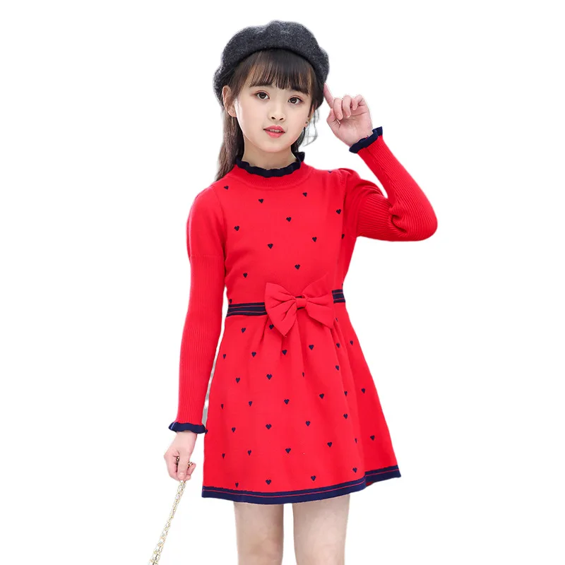 

Girls Knitted dress autumn winter girls sweater dresses kids teenage party clothes children elegant bow cute heart printed 6-10y
