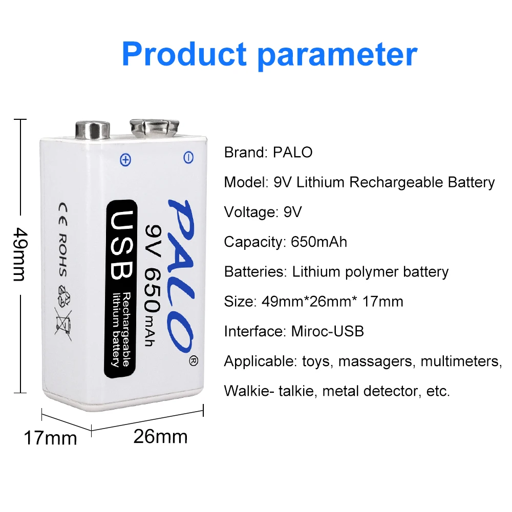 PALO Micro USB 9 Вольт литий-ионная аккумуляторная батарея 6F22 V литий-ионные литиевые