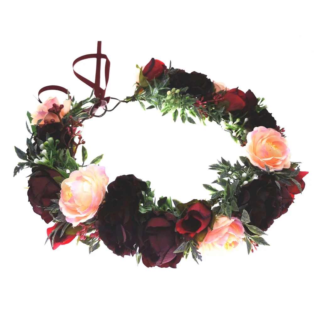 

Wholesale Vintage Burgundy Flowers Crown Headbands Women Hair Accessories Wedding Headwear Hat Decoration Floral Garlands