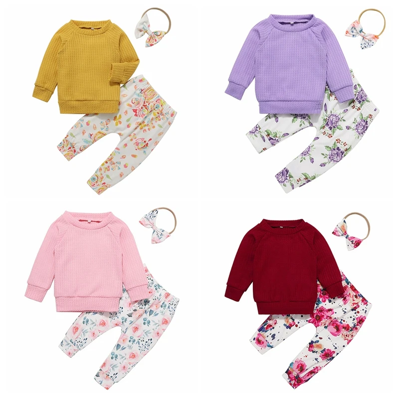 

Baby Girls Spring Cotton Casual Tops+Pants 2 PCS Nightwear Infant Children Clothes With Headband Outfit Set Costume