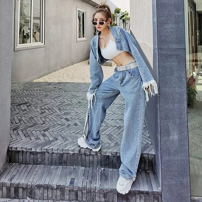 

2021 Autumn New Women's Two-piece Set with Fringed Long-sleeved High-waist Short Denim Women's Straight Jeans Fashion Suit Solid