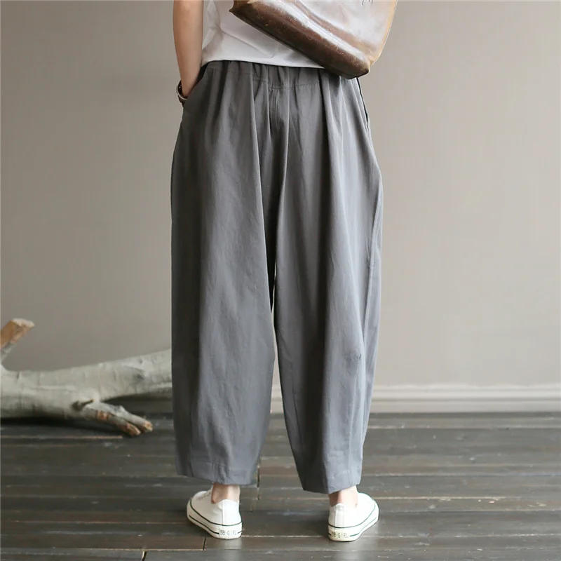 

Johnature Women Autumn Straight Pants Cotton Elastic Waist Trouser 2021 Fall Solid Color Loose Casual Women Full Length Pants