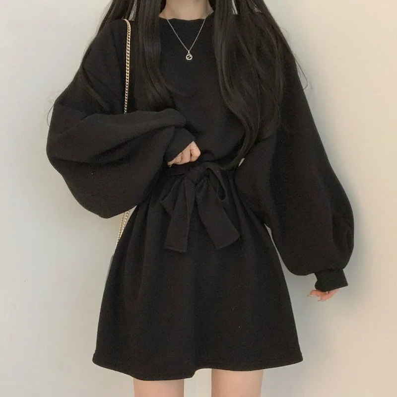 

O Neck Pullover Long Sleeve Knit Dress Women High Waist Hip Sashes A Line Vestidos Solid Loose All Match Robe Spring