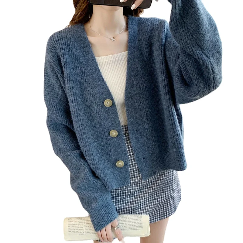 

Новинка 2021, женские свитера оверсайз, Модный повседневный однобортный Свободный кардиган синего цвета