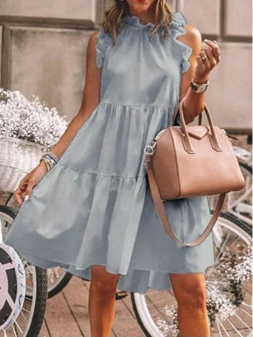 

Элегантное однотонное платье с оборками, женская одежда, винтажные летние платья мини без рукавов, женское свободное этническое короткое п...