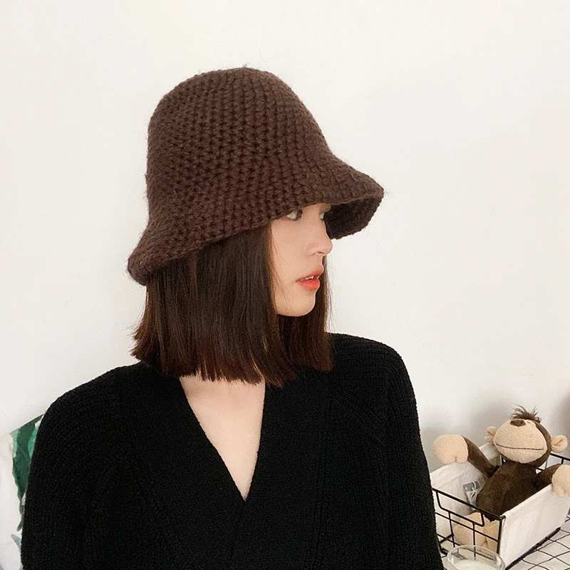 H3586 Women Knitted Fisherman Hat Female Autumn Winter Solid Color Korean Fashion Simple Warm Bucket Cap Japanese Basin Hats