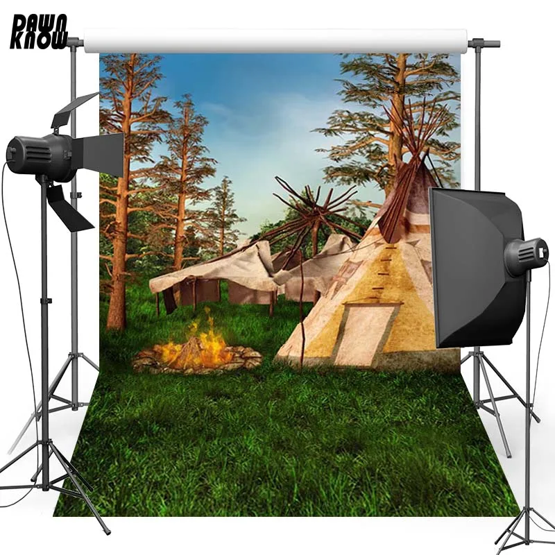 

DAWNKNOW Tent Bonfire Vinyl Photography Background For Baby Tree Grassland Photo Shoot Backdrop For Wedding Photo Studio G703