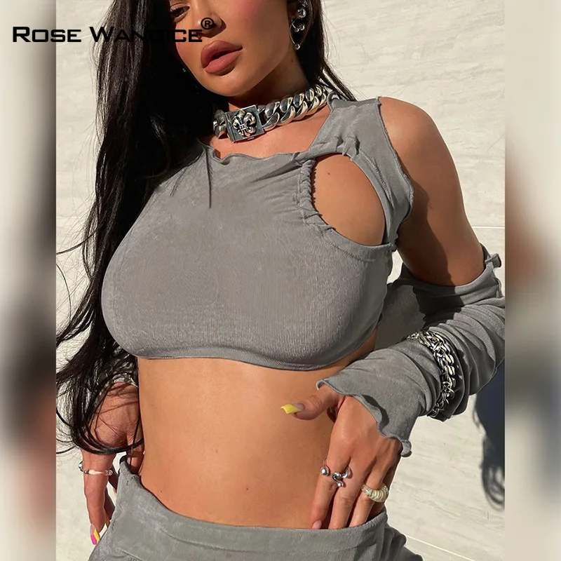 

Hollow Out Patchwork Women Three Piece Set Long Sleeve Crop Top Off Shoulder Midi Skirt Bodycon Sexy Streetwear 2021 Summer