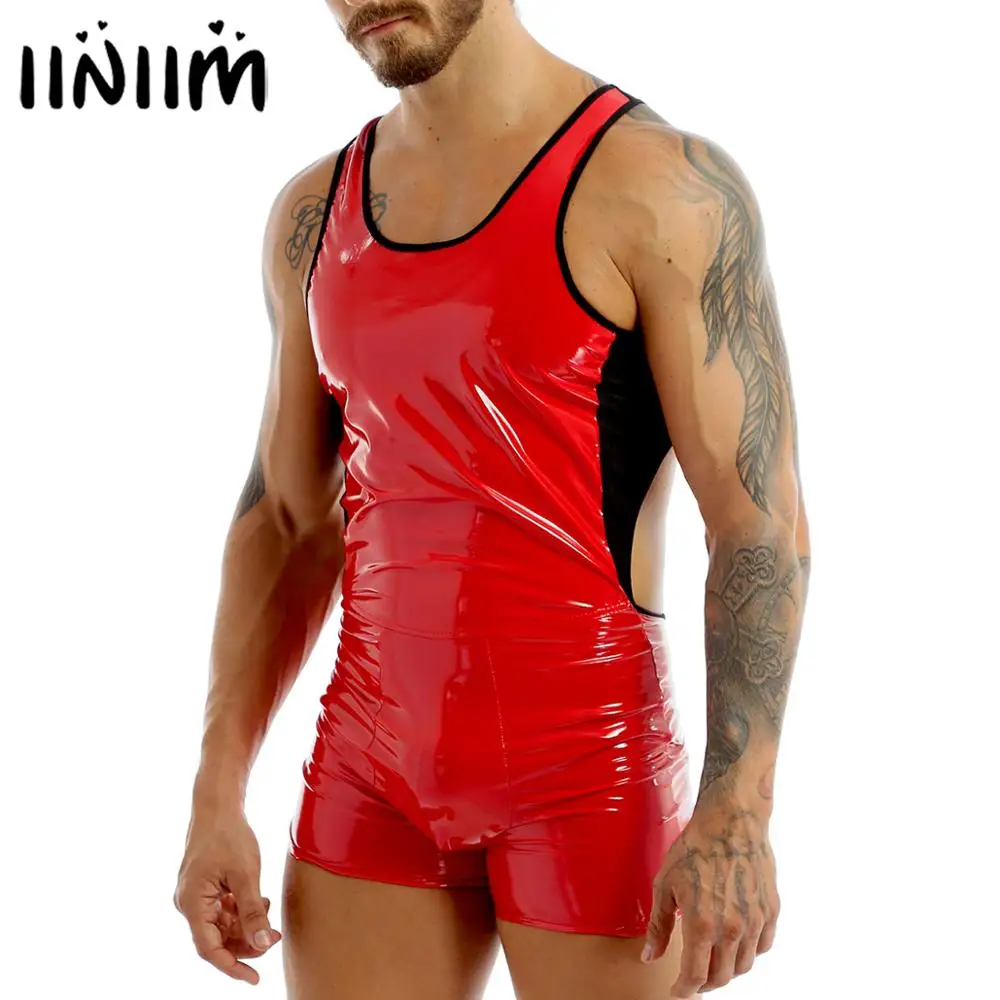 

Mens Male Wetlook Costumes Leather Latex Color Block Backless Skin-Tight Jockstraps Short Exotic Sexy Bodysuit Party Clubwear