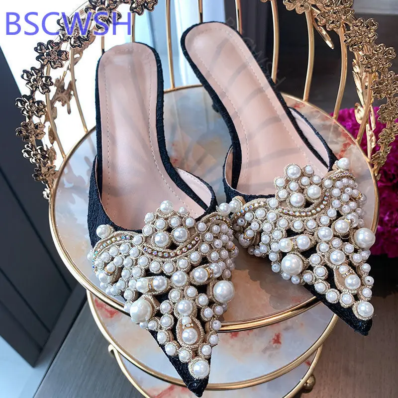 

Pearl Pointed Toe High Heels Women's Mules Slippers Fashion Summer 2021 New Stiletto Lazy Outdoor Semi-drag Sandals