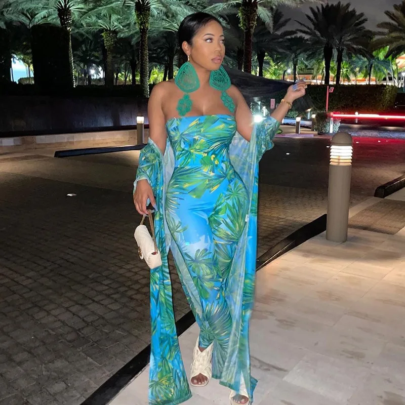 

Donsignet Fashion Women's Suit New Summer Casual Hot Sale Sexy Tight-fitting Printing Printed Jumpsuit Two-piece Suit Straight