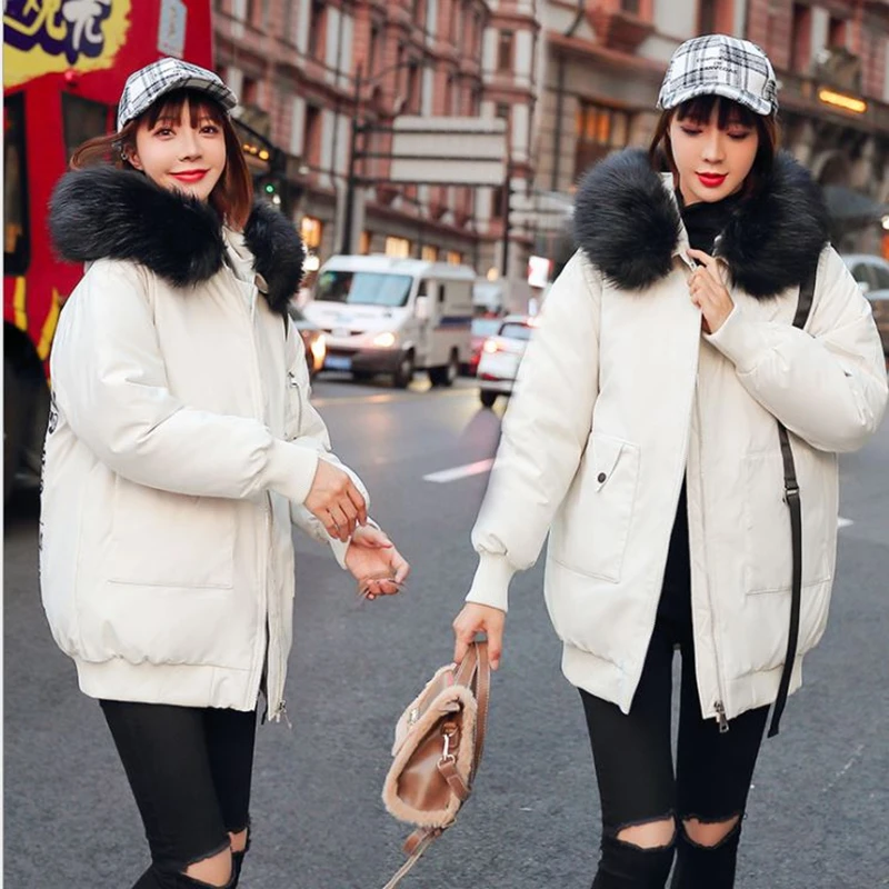 

Korean Style Winter Parkas Mujer Women Black Big Fur Collar Cotton Jacket Ladies Hooded Warm White Coats Loose Leisure Coats
