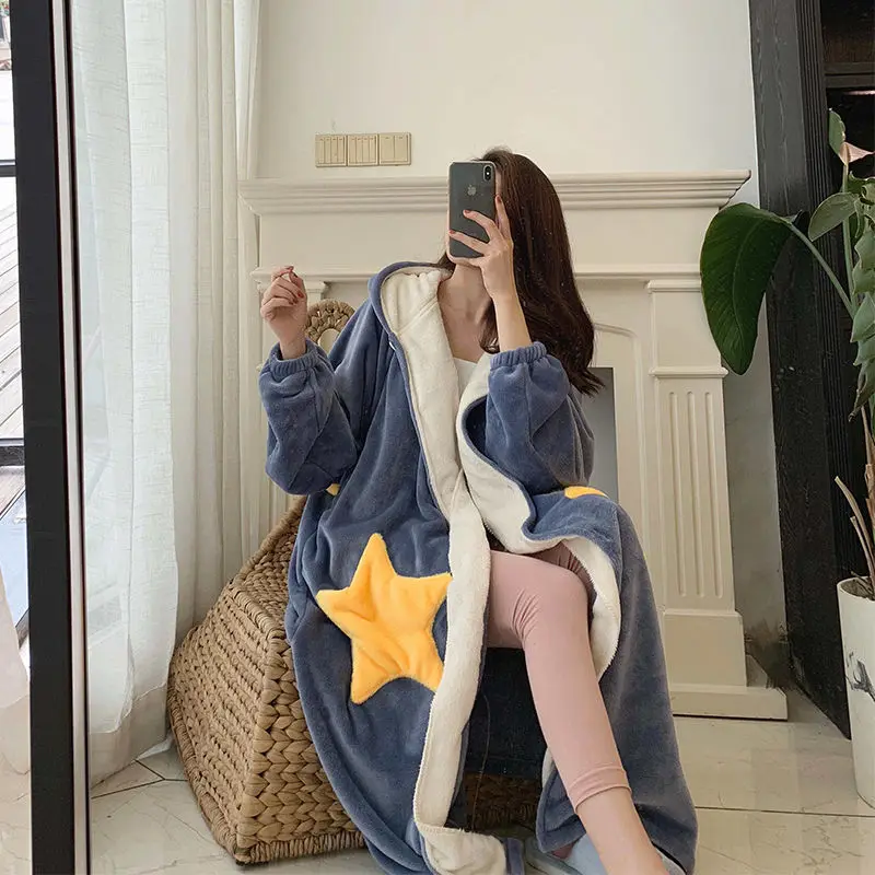 

Flannel Hooded Kimono Bath Robe Dressing Gown Winter Warm Sleepwear Female Bathrobe Coral Fleece Thick Nightgown Home Clothes F